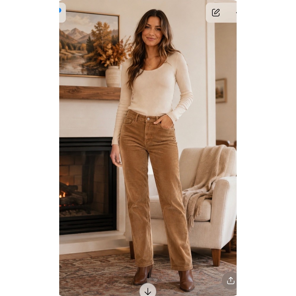 LOFT Made and Loved Corduroy Pants Tan Camel Straight Leg High Rise Size 6 28